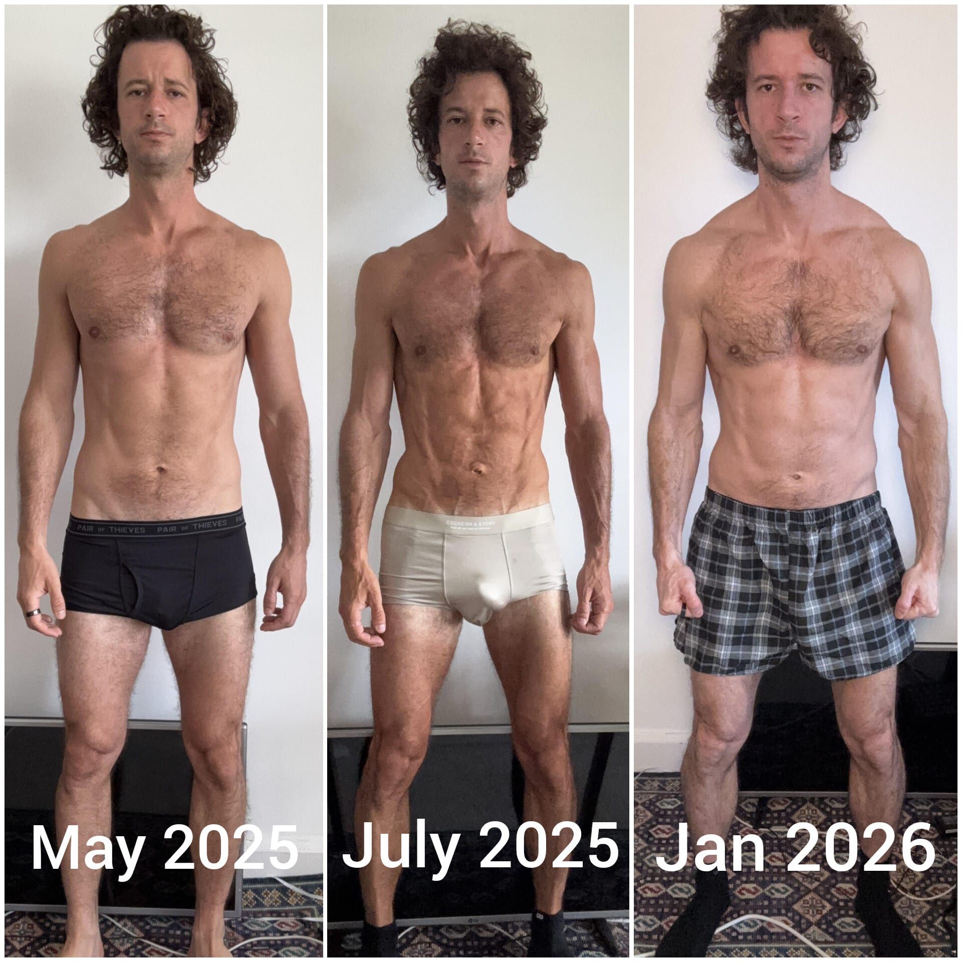 Three progress photos of Andreas side by side, labelled May 2025, July 2025 and January 2026, showing his physique transformation