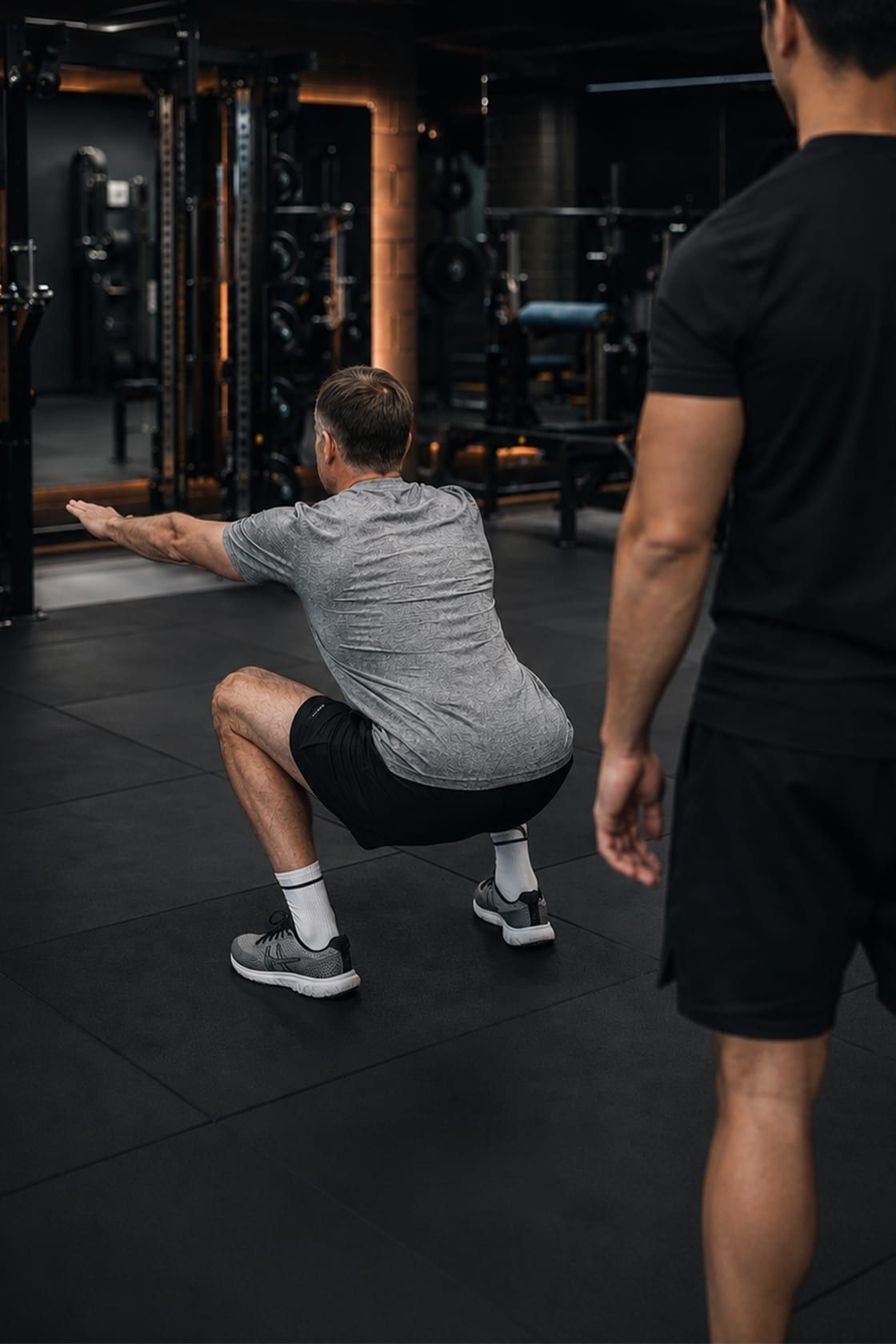 A client performing a bodyweight squat assessment while Gurinder Sandhu observes from behind, on the gym floor at UNTIL Soho