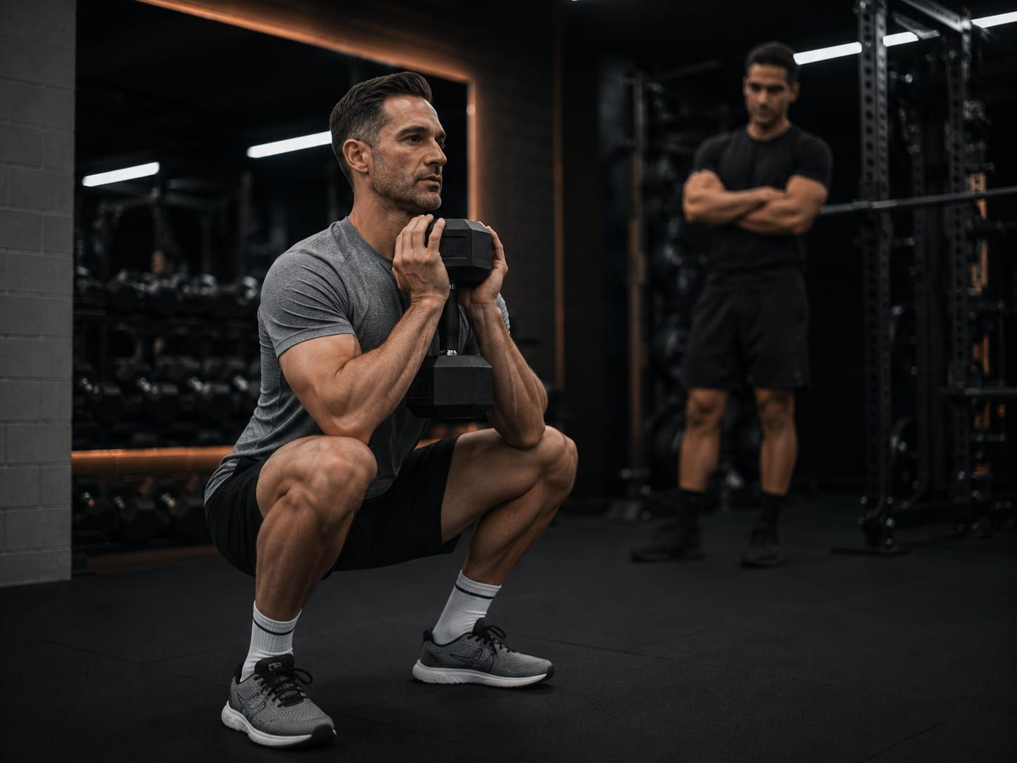 A client performing a goblet squat with strong form while Gurinder Sandhu observes, at UNTIL Soho