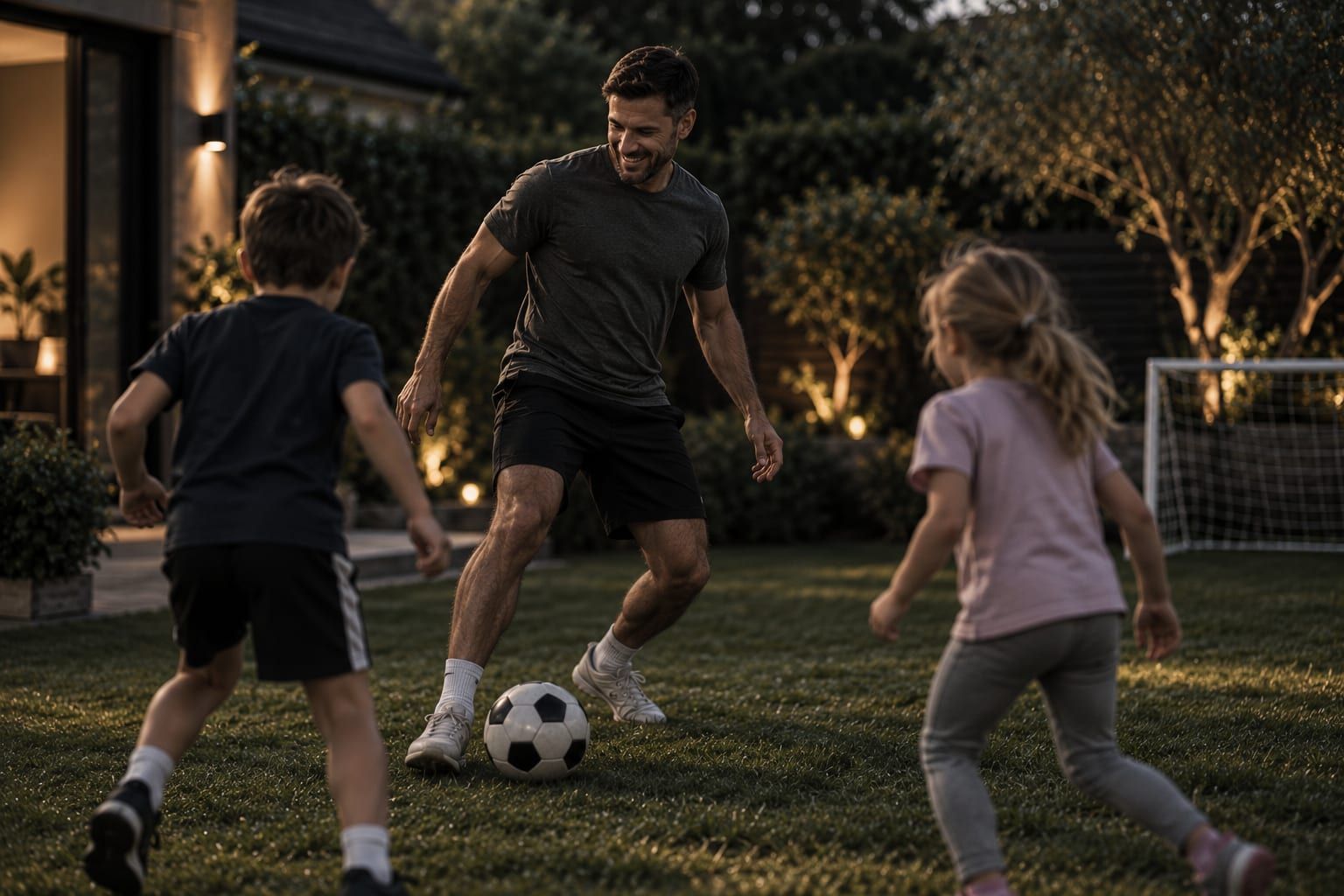 The same father playing football in the garden with his two children at dusk, moving freely and smiling