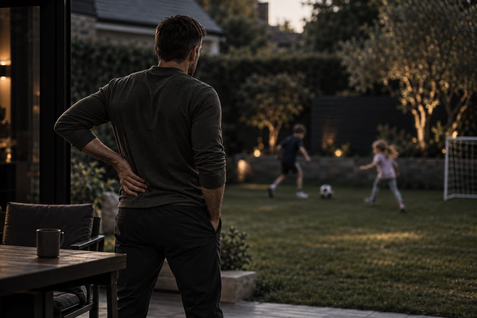 A father standing at the patio door at dusk with a hand pressed to his lower back, watching his two children play football in the garden without him