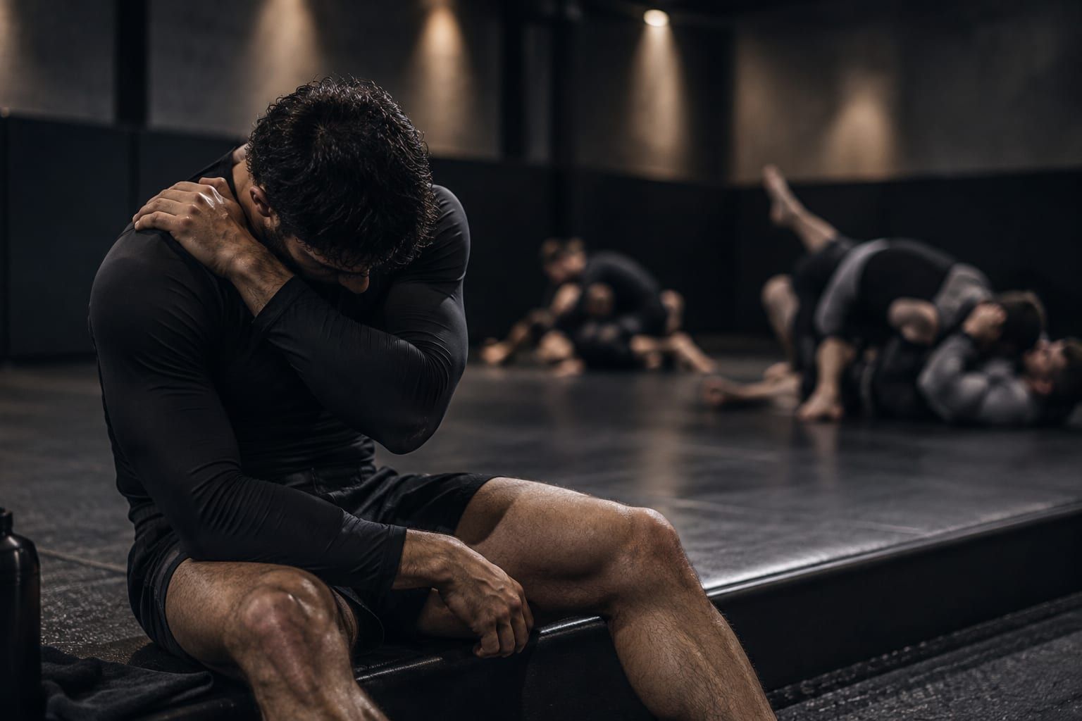 A grappler sitting at the edge of the mats after training, kneading a sore shoulder, while others keep rolling behind him