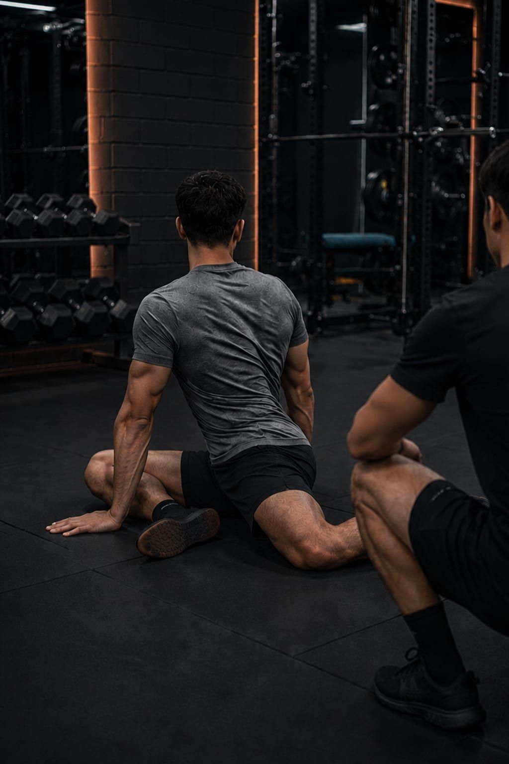 A grappler performing a hip-mobility rehabilitation drill on the floor while Gurinder Sandhu works alongside him, at UNTIL Soho