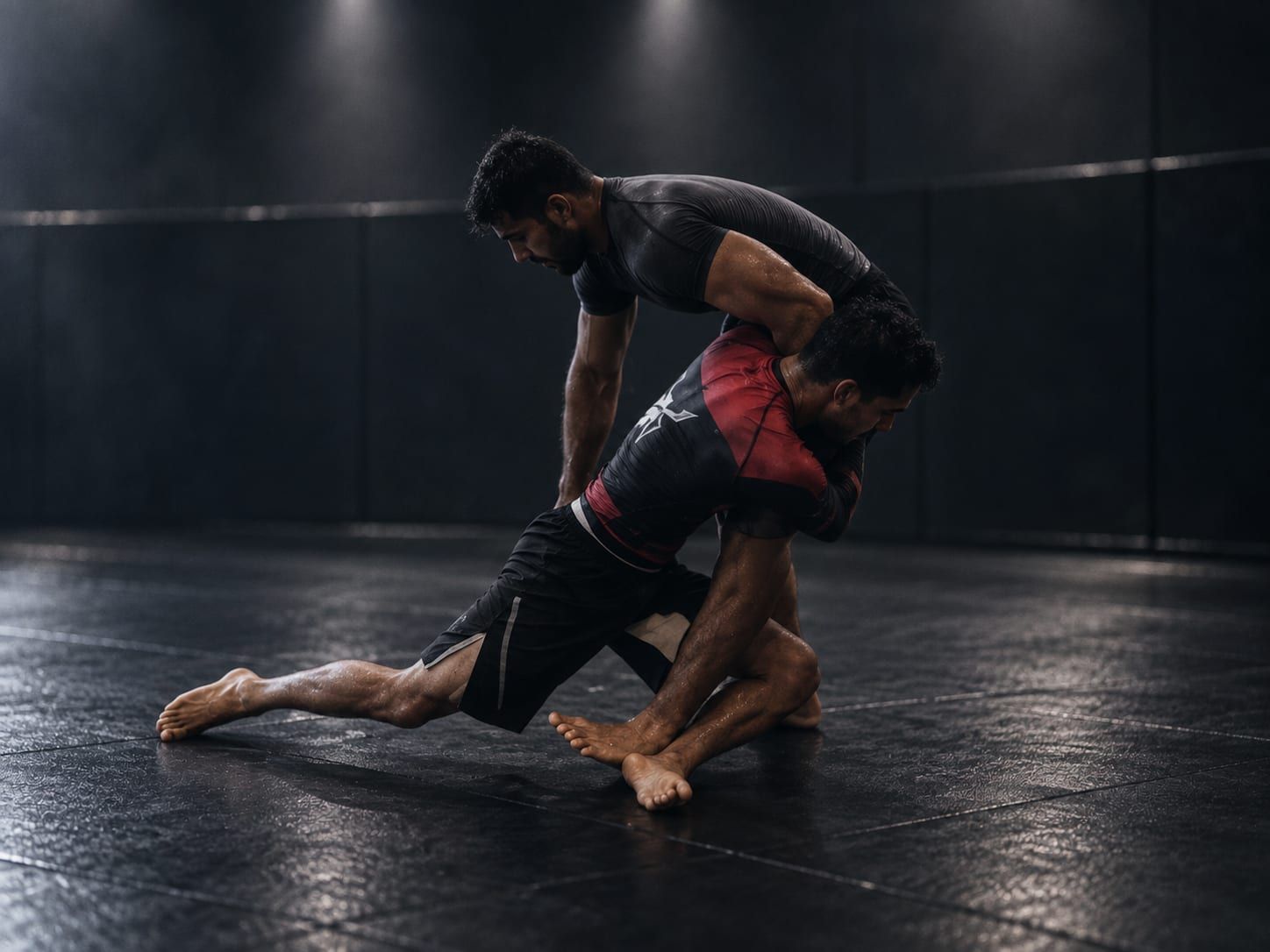 Two no-gi grapplers rolling hard on the mats, one driving through for the takedown