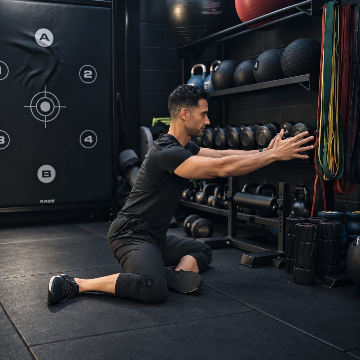 A grappler seated in a hurdle-sit position on the gym floor, arms extended forward, working through a hip-mobility drill