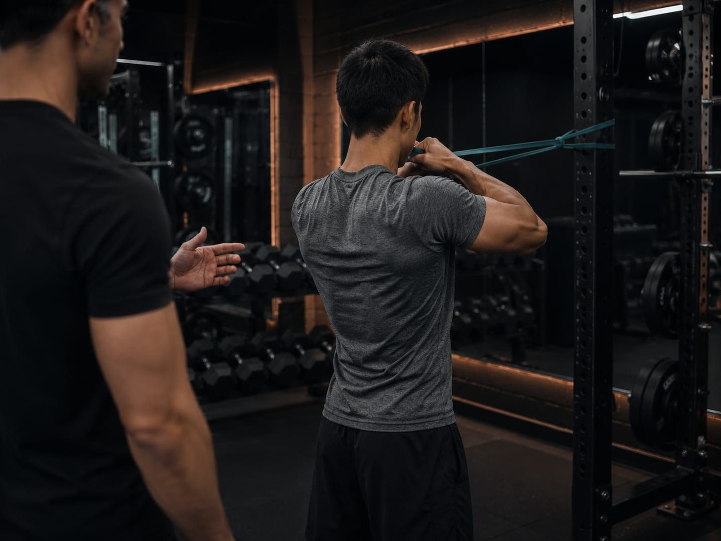 A grappler working through a resistance-band shoulder and neck resilience drill while Gurinder Sandhu cues the movement, at UNTIL Soho
