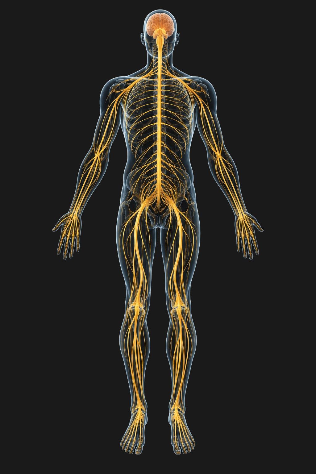 An anatomical illustration of the human nervous system, the brain and spinal cord branching into nerve pathways that reach the whole body